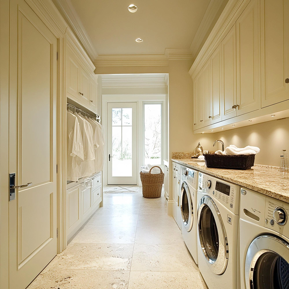 Custom laundry room with built-in cabinetry, granite countertops, and front-loading washer and dryer by Los Angeles Closet