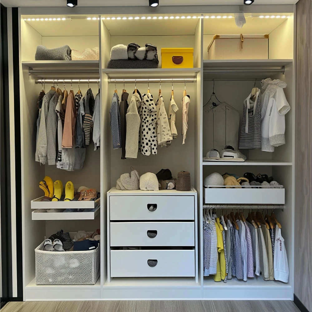 Organized kids’ closet with open shelving, drawers, and hanging space by Los Angeles Closet