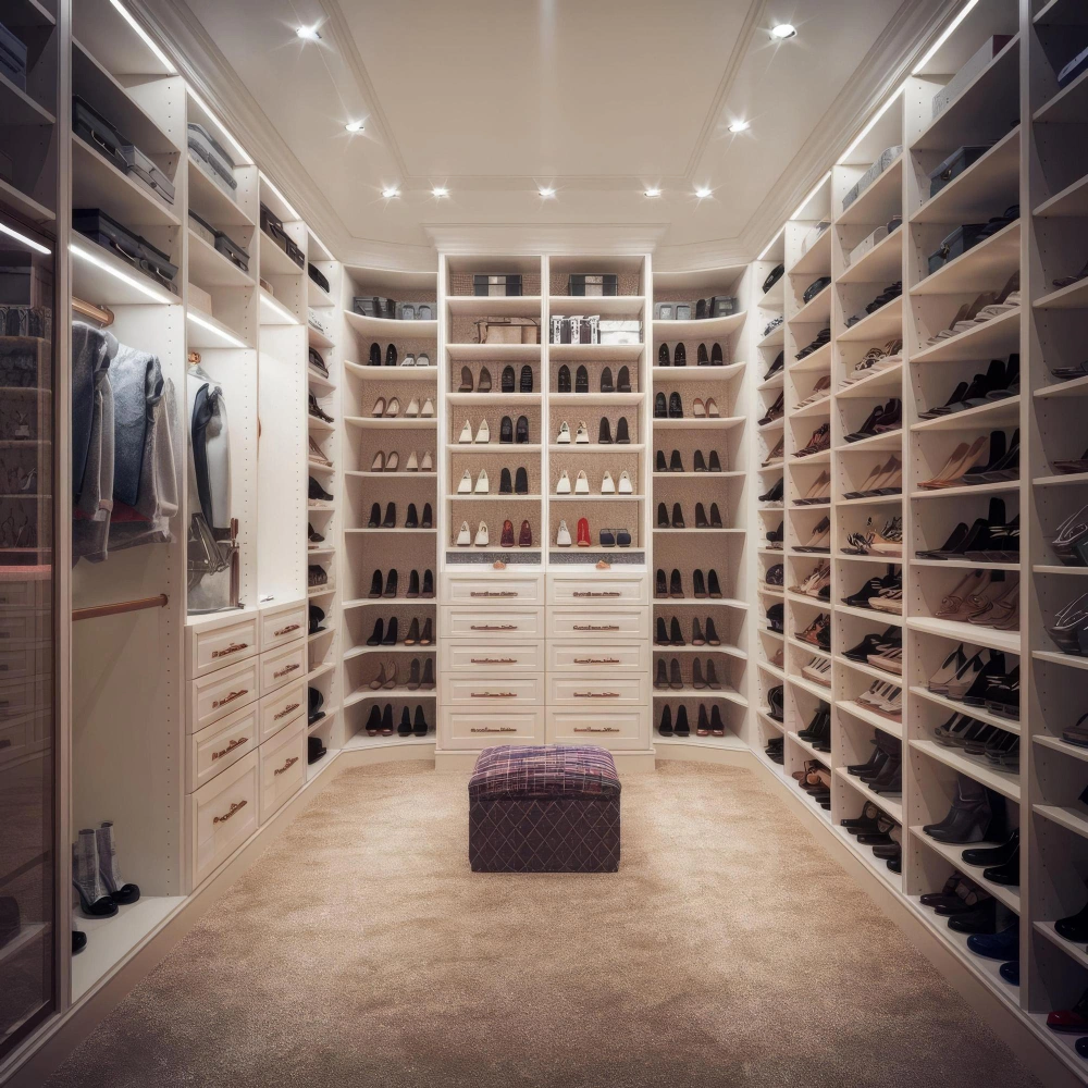 Walk-in shoe closet with custom shelves and soft lighting — designed in Los Angeles