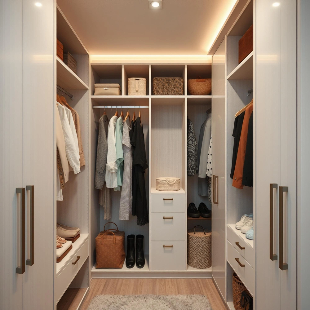 Walk-in closet with hanging rails, baskets, drawers, and soft lighting by Los Angeles Closet