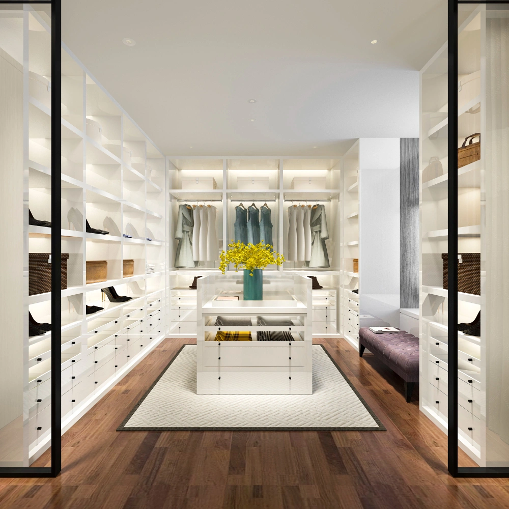 Luxury walk-in custom closet design with white shelves and wood flooring – Los Angeles Closet