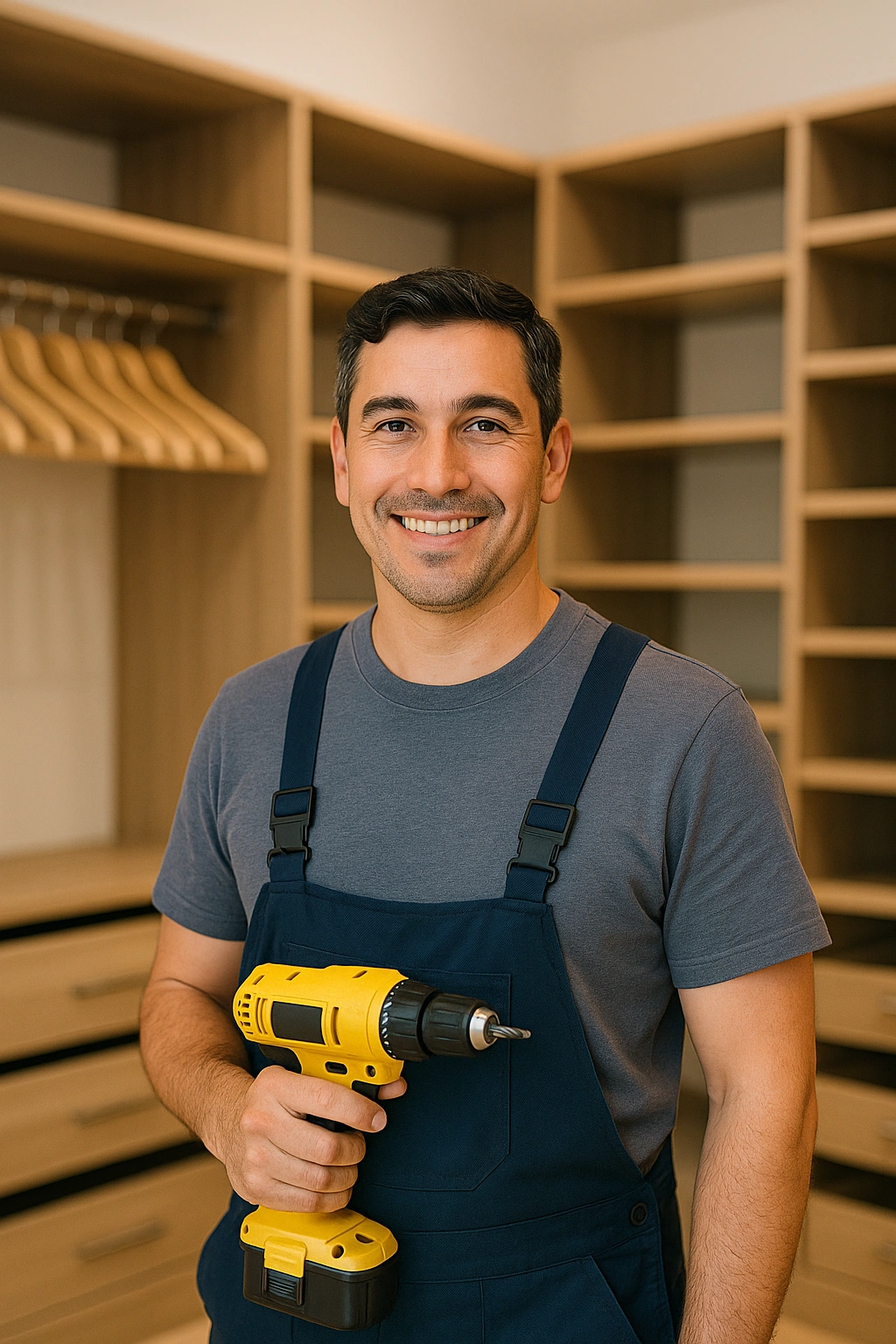 Modern L-shaped reach-in wardrobe with built-in desk and storage cabinets in Los Angeles custom closet design