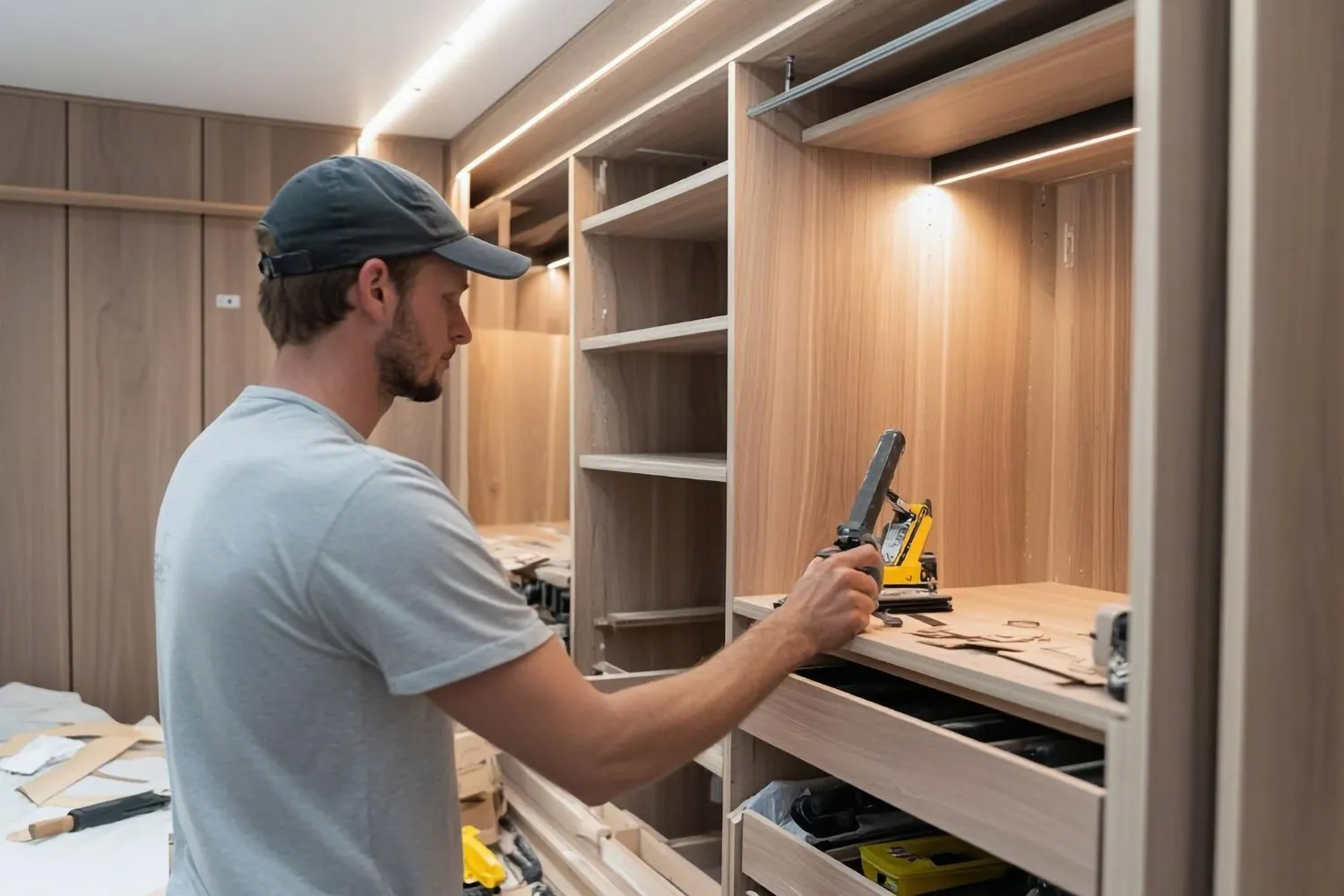Los Angeles Closet technician installing custom reach-in closet with LED lighting and wood shelving