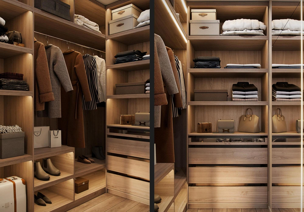 Custom reach-in closet with built-in wooden shelves, LED lighting, and luxury wardrobe organization by Los Angeles Closet