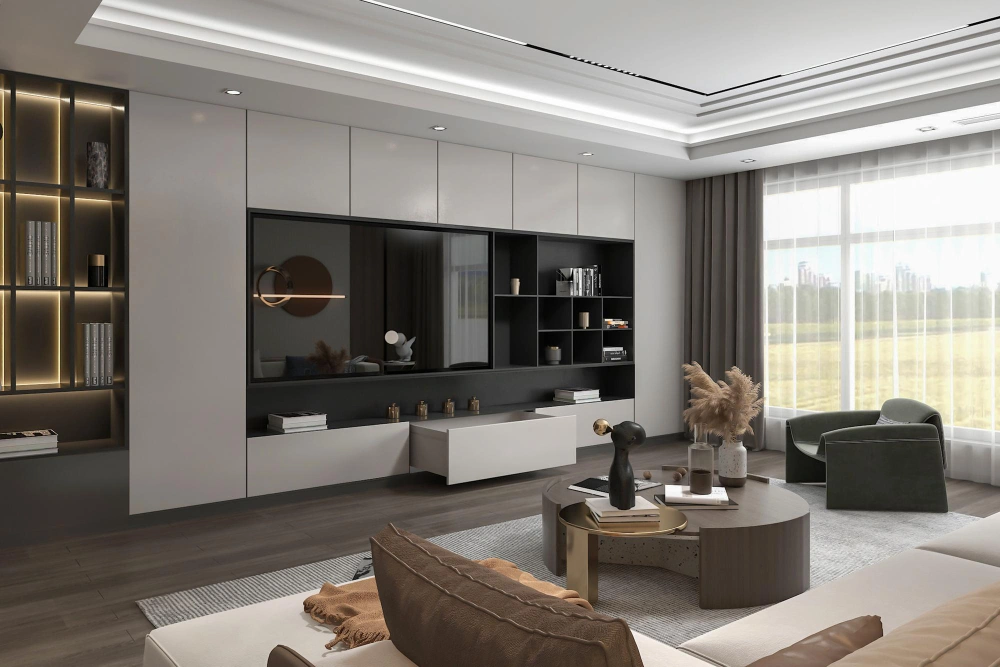 Modern custom entertainment wall with floating TV cabinet and integrated storage by Los Angeles Closet in a Los Angeles CA luxury home