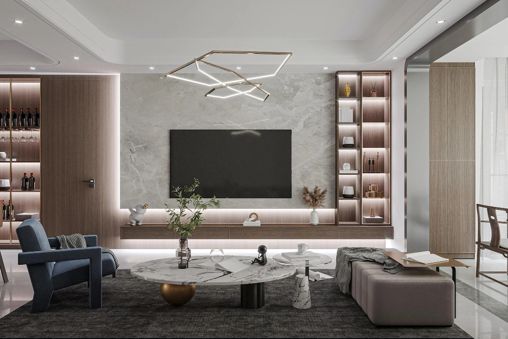 Luxury custom media wall with built-in shelving and hidden lighting by Los Angeles Closet for modern living room entertainment in Los Angeles CA