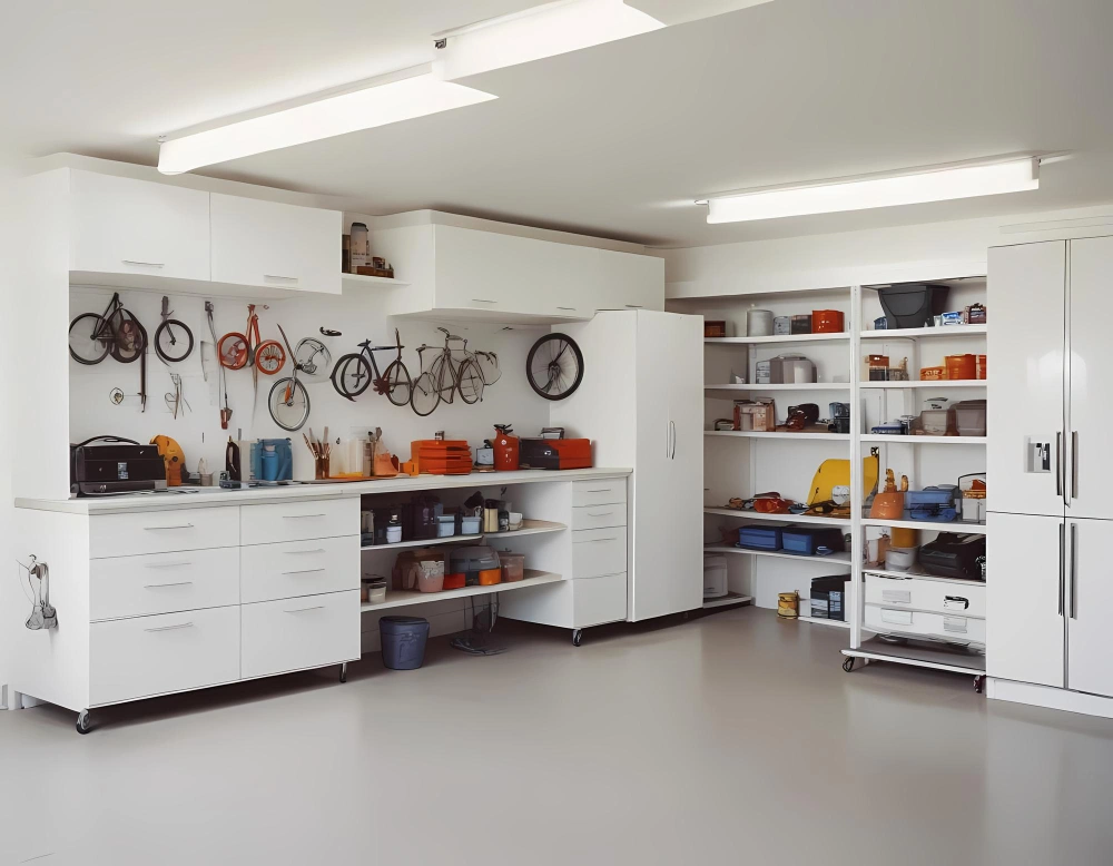 Modern white garage cabinets and wall-mounted bike racks by Los Angeles Closet