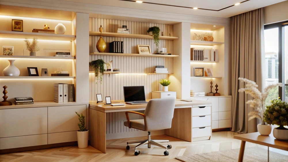 Custom-built home office with white cabinets and floating shelves by Los Angeles Closet

