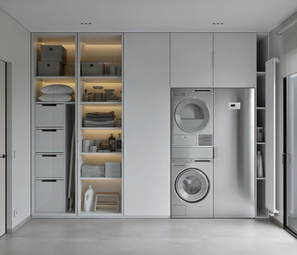Minimalist laundry room design with storage cabinets and dual hampers by Los Angeles Closet
