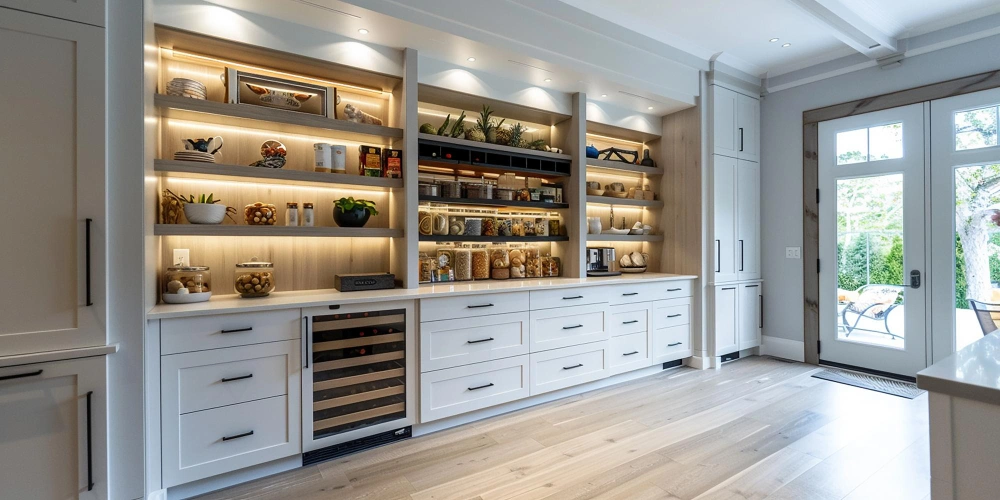 Modern pantry organization with LED-lit open shelves and wine cooler – Los Angeles Closet